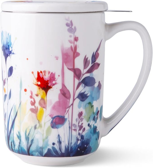 AmorArc Porcelain Tea Mug with Infuser and Lids, 18 Oz Large Cup Strainer with Bag Holder for Loose Leaf Tea