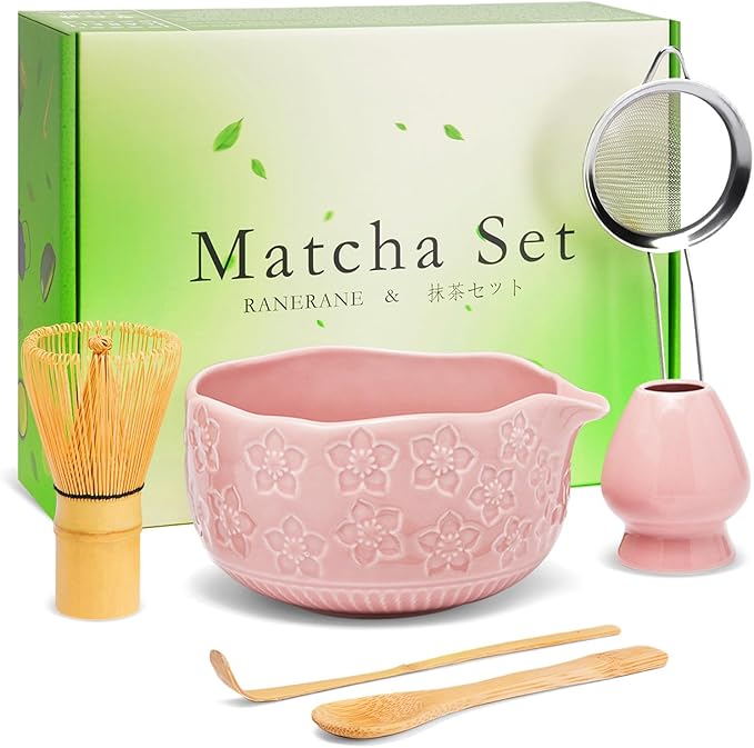 Matcha Whisk Set, Sakura Pink Ceramic Matcha Set Includes Matcha Bowl, Matcha Whisk (Chasen) and Hol