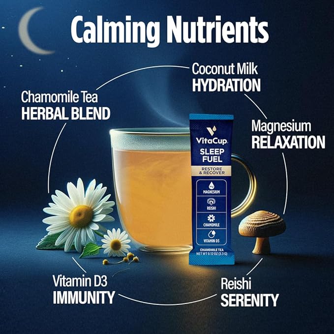 VitaCup Sleep Fuel Instant Tea Packets for Deep REM Sleep, Relax & De-Stress w/Chamomile Tea, Magnesium, Vitamin D3, Coconut Water, Coconut Milk, Potassium, Calming Tea for Full Body Relaxation, 72Ct
