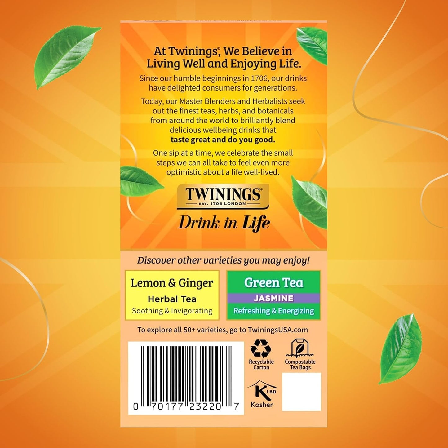 Twinings Peach &amp; Orange Herbal Caffeine-Free Tea Bags, 20 CT Box (1 Pack) | Sweet &amp; Zesty, White Hibiscus, Rosehips, Naturally Caffeine-Free, 20 Foil Lined Individually Wrapped Bags, Enjoy Hot or Iced