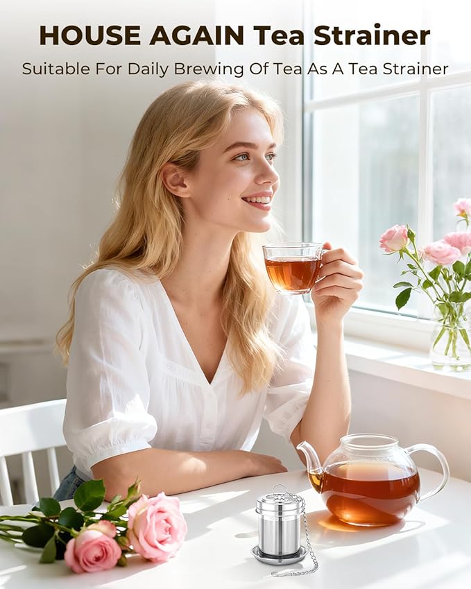 House Again 2 Pack Tea Strainers for Loose Tea, Extra Fine Mesh Tea Infusers, 304 Stainless Steel with Extended Chain Hook, Loose Leaf Tea Steeper