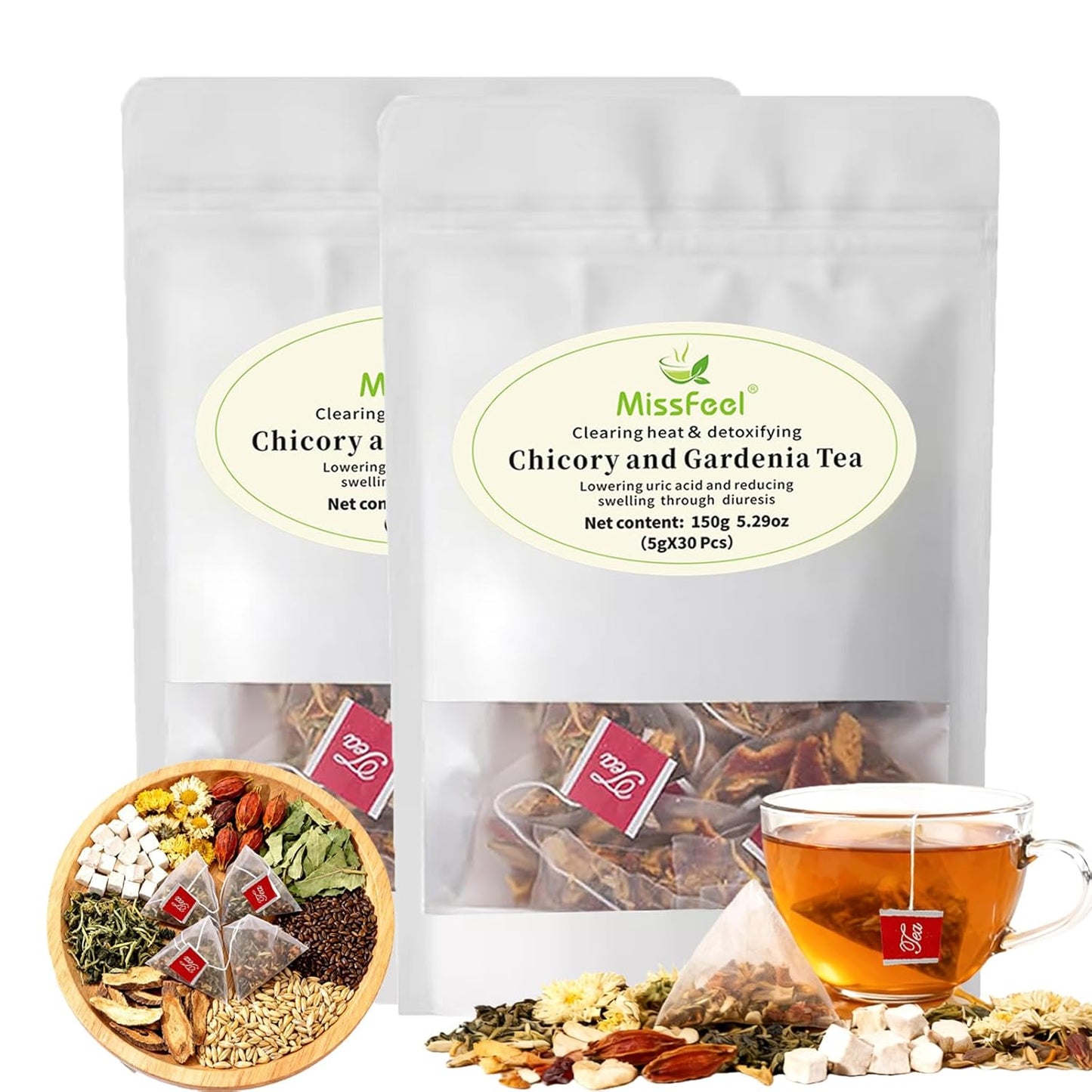 Chicory and Gardenia Tea, Liver and Kidney Detox, Nine Organic Herbal Ingredients, Sugar &amp; Caffeine Free Chinese Herbal Tea with Chicory, Gardenia, Dandelion Root for Wellness 300g (5g*60 Packs）