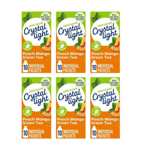 Crystal Light On-The-Go Drink Mix Packets, Zero Sugar Powdered Water Enhancer, Natural Flavor Low Calorie Beverage Mix, Made with Green Tea, Peach Mango Green Tea, 0.08 Ounce Packets, 10 Count (Pack of 6)