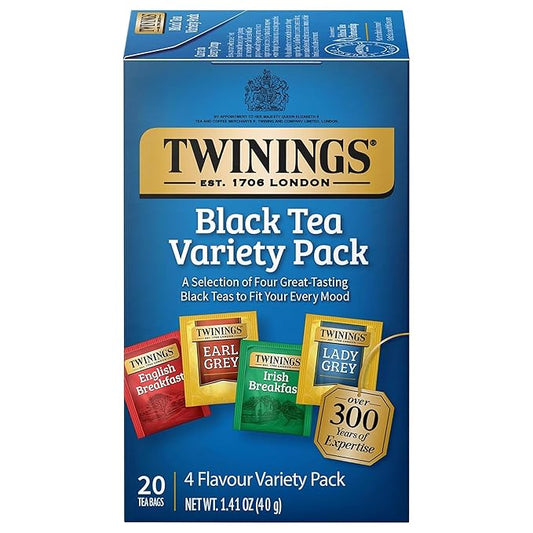 Twinings Variety Pack Black Tea Bags, 20 Count (Pack of 1), Includes English Breakfast, Earl Grey, Irish Breakfast, and Lady Grey, Caffeinated, Enjoy Hot or Iced, 20 Teabags