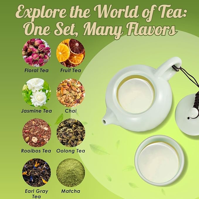 Flexzion Chinese Japanese Vintage Kungfu Gongfu Tea Set Portable Travel Teapot, (Jade Green Celadon/Greenware) Porcelain Ceramic Tea Pot, 4 Tea Cup, Bamboo Tea Tray, Tea Mat, Portable Travel Bag