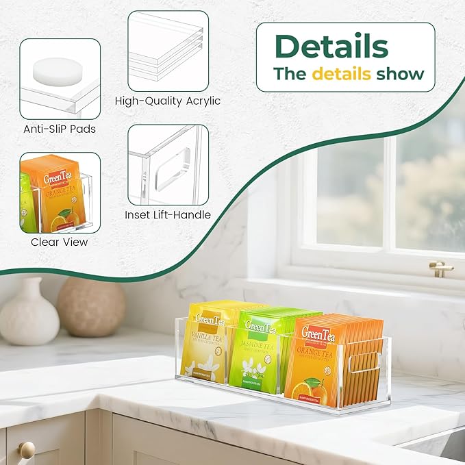 EsLuker.ly Tea Bag Holder Organizer for Counter Small Acrylic Teabag Caddy Storage