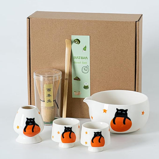 Matcha Set -Cute Cat Matcha Bowl Set with Whisk, Scoop, Whisk Holder & 2 Cups, 6 Pcs Authentic Matcha Tea Ceremony Kit, Great Gift for Tea Lovers