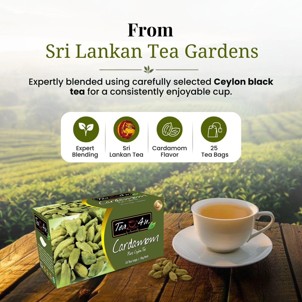 TEA 4U. BY ANVERALLY Tea4U Cardamom Black Ceylon Tea Bags - Aromatic Spice Blend - 25 Count