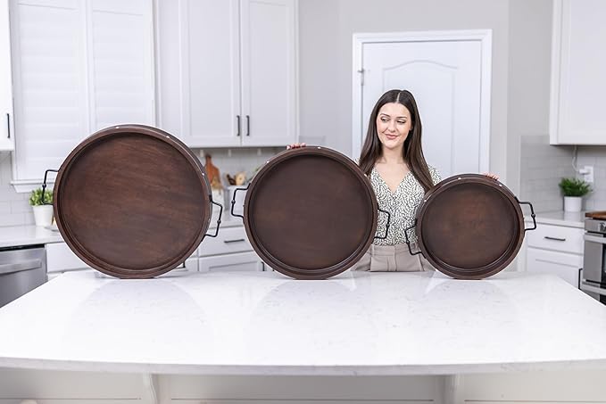 20" Extra Large Round Ottoman Tray, Heavy Duty Mango Wood, for Serving Tea, Breakfast in Bed