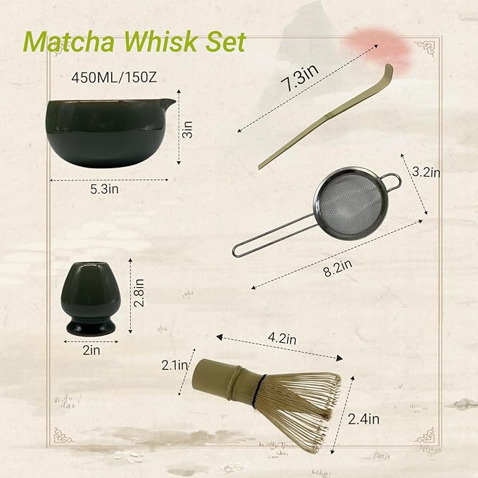 Matcha Whisk Set – 5 Pcs Matcha Set Whisk and Bowl with Spout, Bamboo Scoop, Sifter & Holder – Ru Kiln Matcha Bowl Japanese Tea Kit for Gifts, Home Use & Ceremonial Rituals (green)