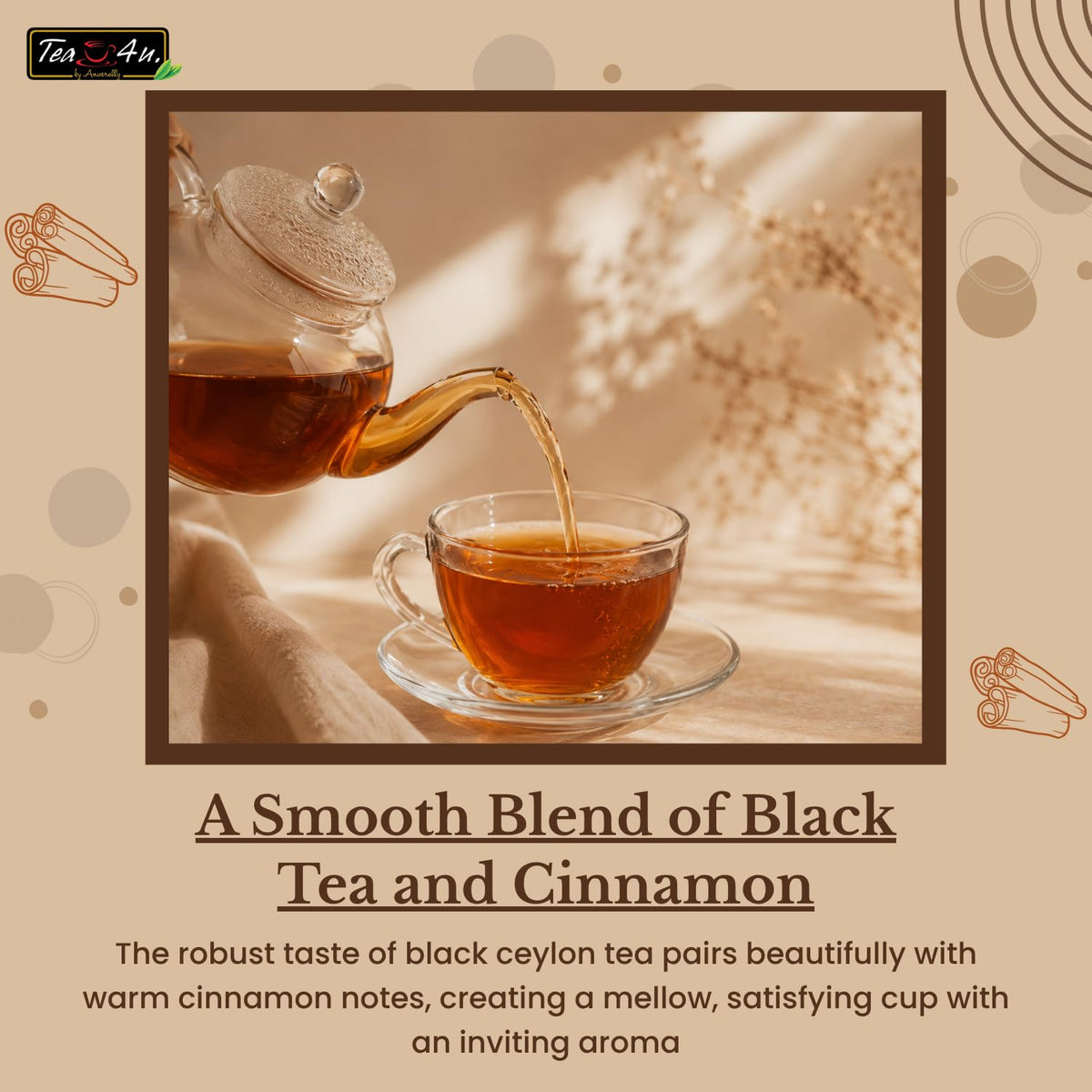 TEA 4U. BY ANVERALLY Tea4U Cinnamon Flavored Black Ceylon Tea Bags - Sri Lankan Blend - 25 Count