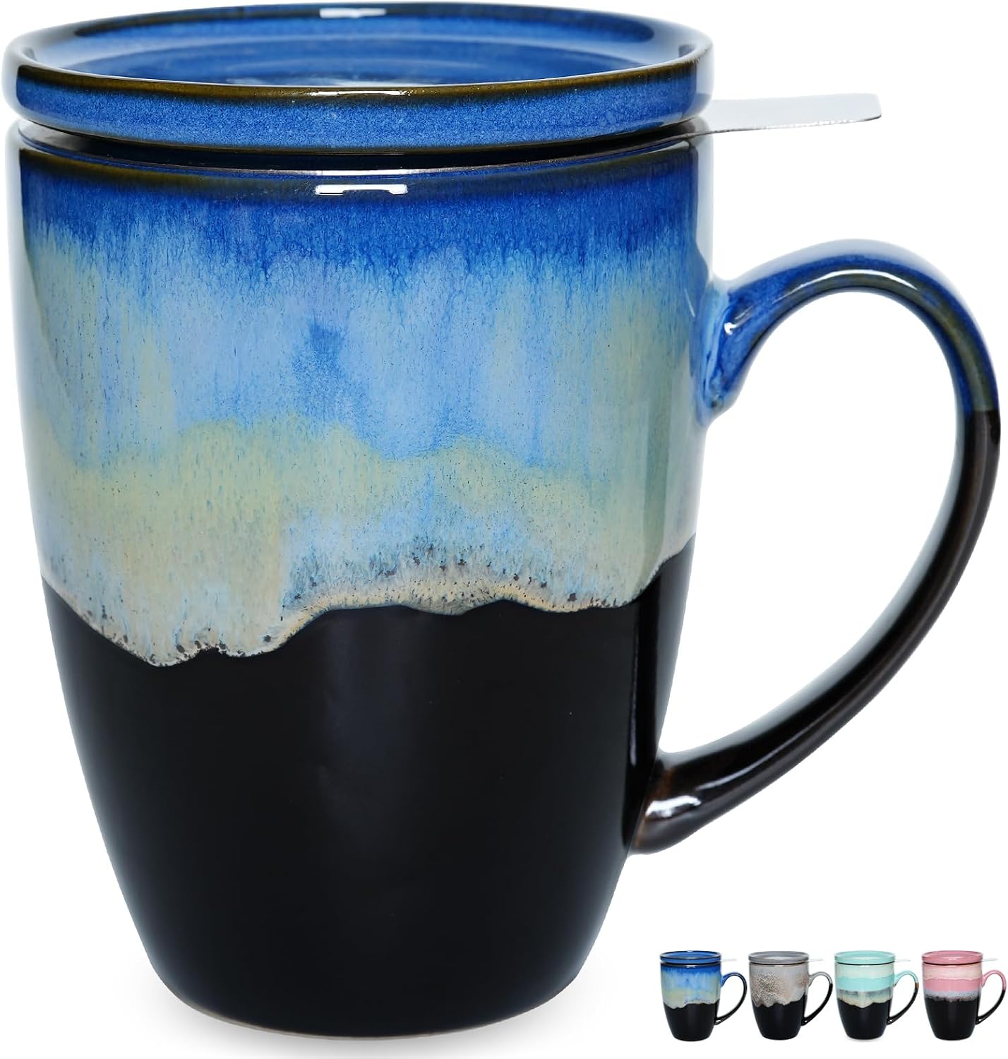 Bosmarlin Ceramic Tea Cup with Infuser and Lid, 13.5 Oz, 4 Colors to Choose, Dishwasher and Microwave Safe, Reactive Glaze, Steeping Tea Mug with Strainer