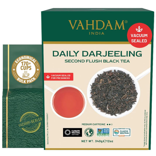 VAHDAM Darjeeling Tea Loose Leaf(12oz|170+ Cups) Quality Black Tea Leaves | Mature &amp; Robust Flavor | Caffeinated, Non GMO Gluten Free | Packed &amp; Shipped Direct From Source in India | Vacuum Sealed