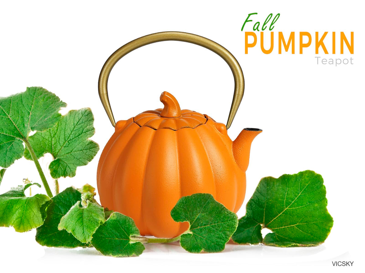 VICSKY Orange Pumpkin Cast Iron Teapot - Japanese Tetsubin Tea Kettle Stovetop Safe | Enameled Interior & Extended Infuser