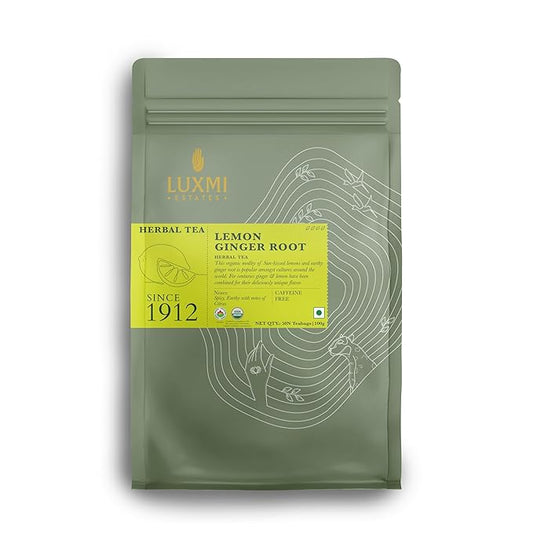 Luxmi Estates Organic Lemon Ginger Tea (50 Tea Bags), Lemon Peel, Ginger, Lemongrass and Licorice for sore throat, aids digestion, help with Nausea, and Uplifts Your Mood