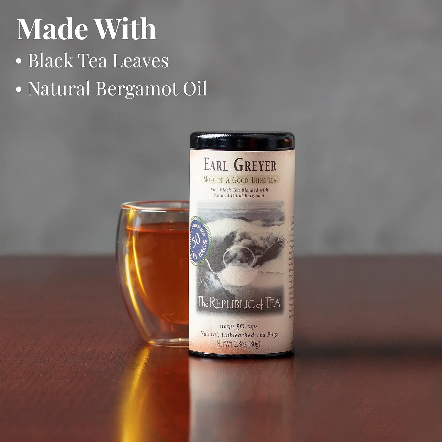 The Republic of Tea Earl Greyer Black Tea, Naturally Caffeinated, 50 Count | Made for morning or afternoon. Brisk and full-bodied with notes of bright bergamot and lively citrus. Gluten Free &amp; Non-GMO.