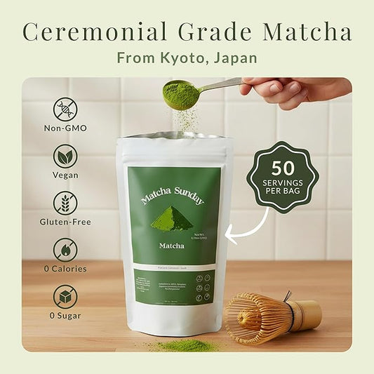 Matcha Sunday Ceremonial Grade Matcha - Kyoto, Japan - Finely Ground Green Tea Powder - Vibrant Green (50g/ 1.75oz)