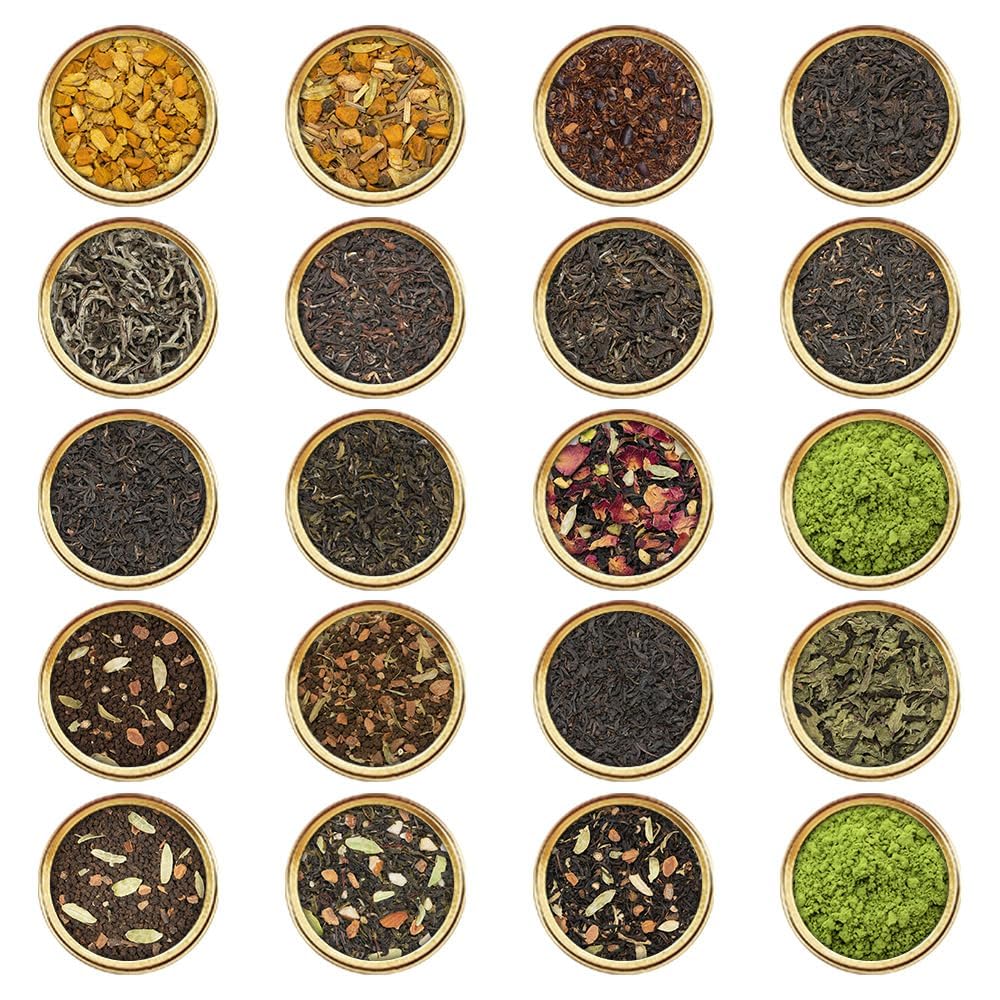 VAHDAM World Top 20 Favourites Tea Sampler Set, Loose Leaf Tea (100+ Cups), Tea Variety Pack with Green, Herbal, Black & Chai Brew