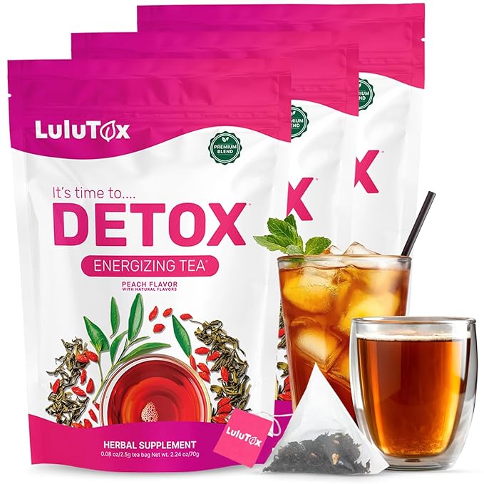 LULUTOX Detox Tea - Herbal Blend with Dandelion, Ginseng, and Ginger - Supports A Healthy Weight, Digestive Health - Vegan, All Natural, Laxative-Free - Peach Flavor (3 Pack x 28 Servings)