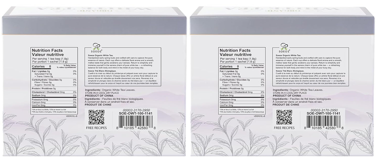 Soeos Organic White Tea, 100 Tea Bags, Pack of 2, Total 200 Teabags, Individually Wrapped Teabags, Low Caffeine, Subtle Floral Aroma & Smooth Taste, Quality Tea for Everyday Brewing, Perfect for Hot or Iced Tea Lovers, 6.3oz (180g) of Each