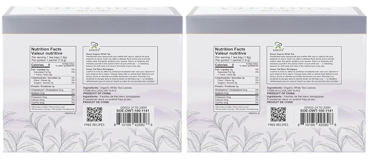 Soeos Organic White Tea, 100 Tea Bags, Pack of 2, Total 200 Teabags, Individually Wrapped Teabags, Low Caffeine, Subtle Floral Aroma & Smooth Taste, Quality Tea for Everyday Brewing, Perfect for Hot or Iced Tea Lovers, 6.3oz (180g) of Each