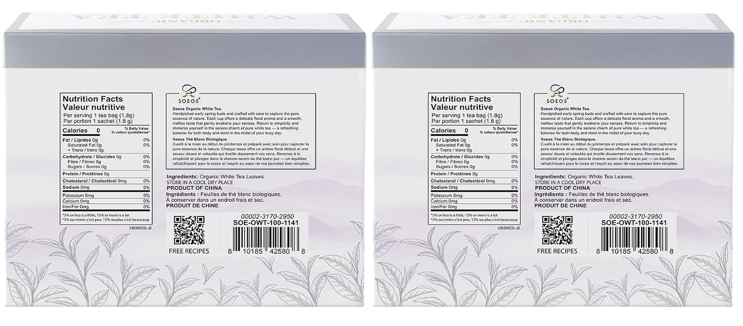 Soeos Organic White Tea, 100 Tea Bags, Pack of 2, Total 200 Teabags, Individually Wrapped Teabags, Low Caffeine, Subtle Floral Aroma &amp; Smooth Taste, Quality Tea for Everyday Brewing, Perfect for Hot or Iced Tea Lovers, 6.3oz (180g) of Each