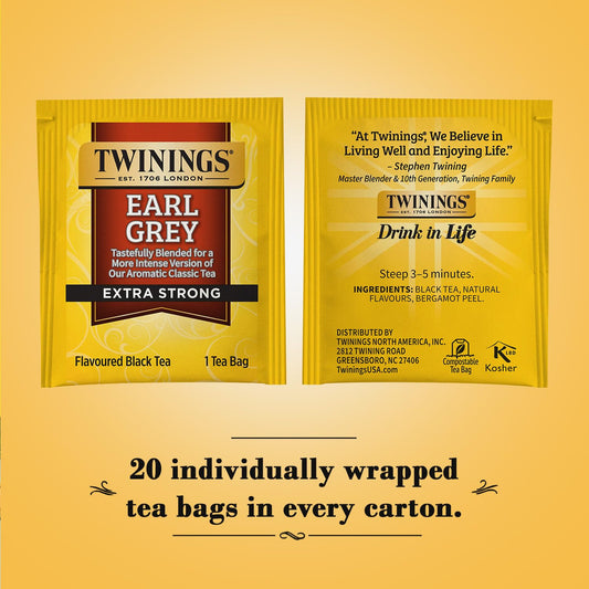 Twinings Earl Grey Tea Extra Strong 2-Pack – A Bright and Zesty Black Tea Infused with Citrus Bergamot Flavours, Caffeinated Tea Bags, Individually Wrapped, 20 Count Ea
