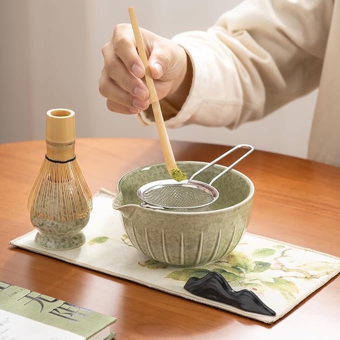 Matcha Whisk Set - 7PCS matcha kit ，Matcha Bowl with Spout, Bamboo Whisk with Ceramic Holder, Macha Scoop and Sifter, Matcha Kit for Ceremony