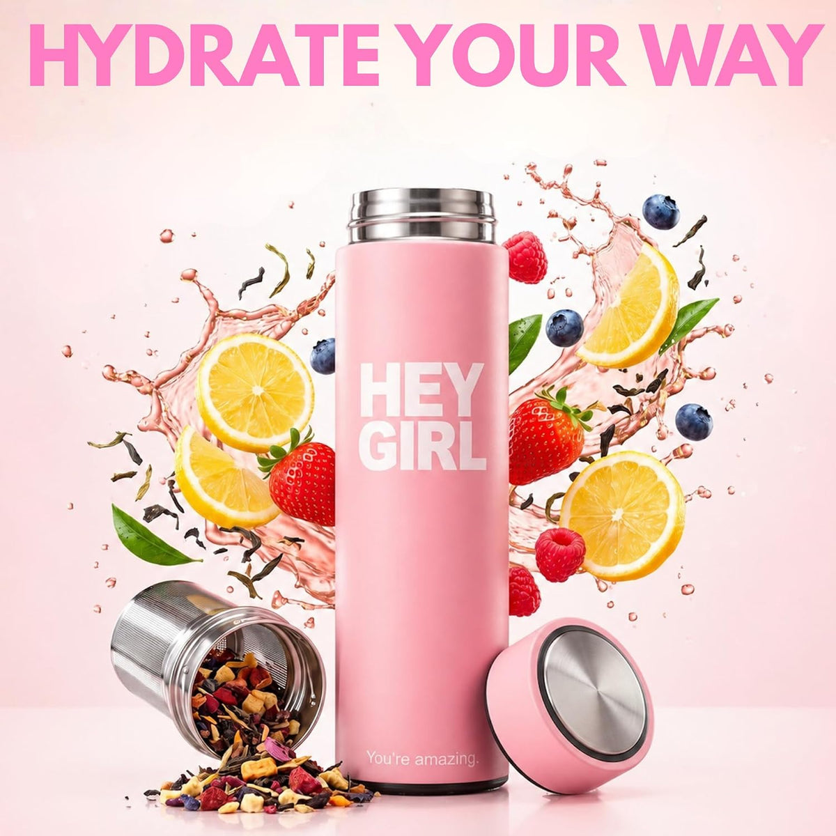 Hey Girl Tea Infuser Bottle 450ml - Insulated Stainless Steel Water Bottle - Tea Tumbler with Tea Diffuser - Portable Travel Mug for Loose Leaf Tea &amp; Infused Water - Tea Lovers Gifts for Women (Pink)