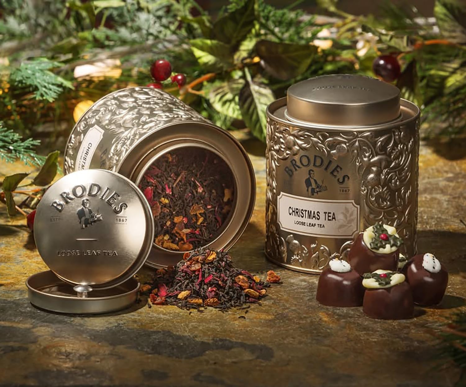 Brodies Tea, Christmas Tea, Loose Leaf Black Tea Caddy Gift Tin Imported from Scotland, 3.5 Ounce (Pack of 1)
