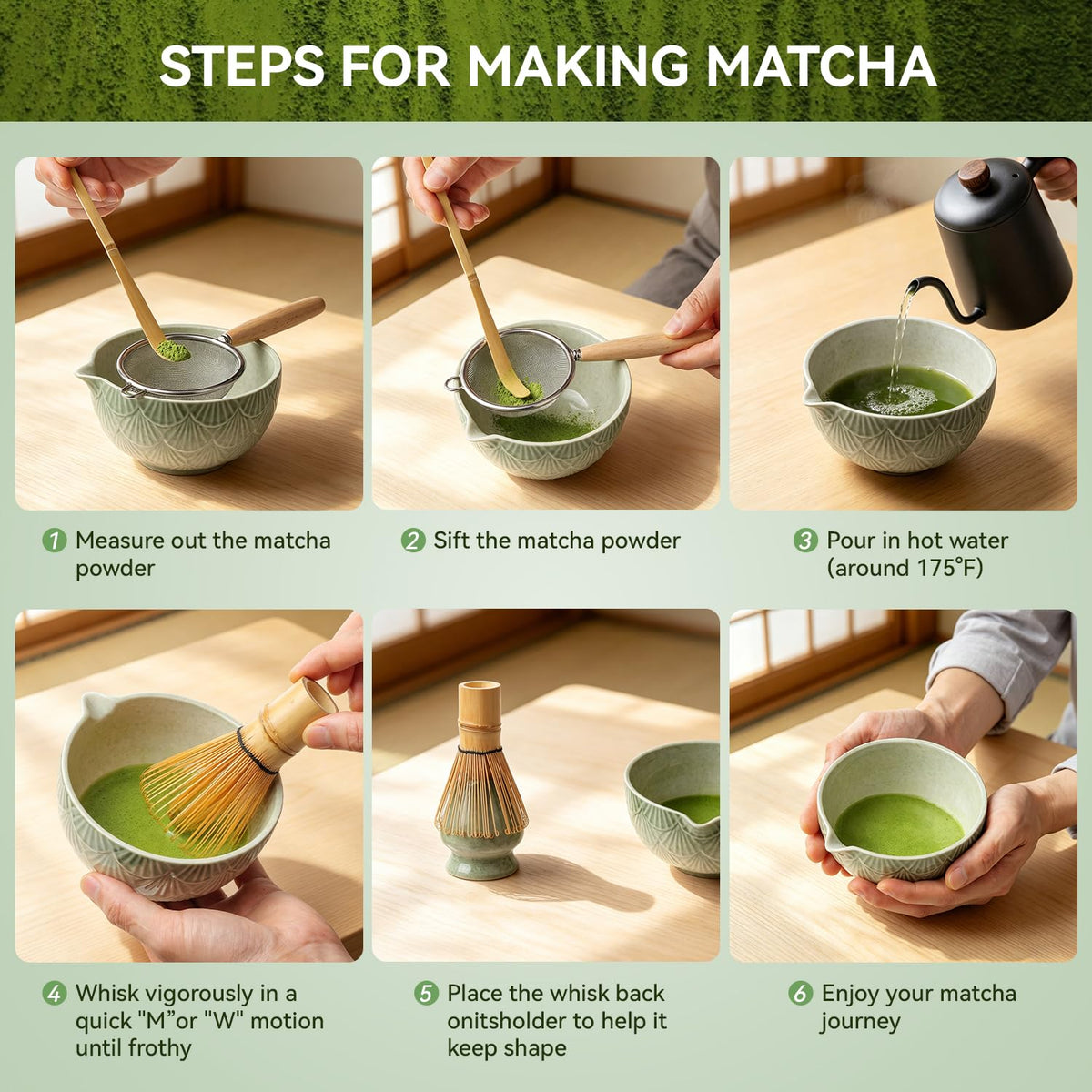 Doorsisun Matcha Whisk Set, Ceramic Matcha Kit Set, 6 Pcs for Tea Ceremony