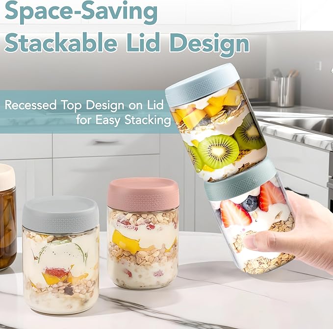 6-pack Overnight Oats Containers with Lids, 16oz Clear Glass Jars with Airtight Lids, Wide mouth Mason Jars, Food Storage Containers for Meal Prep Chia Spice Cereal Snacks Yogurt Salad Pudding Sugar