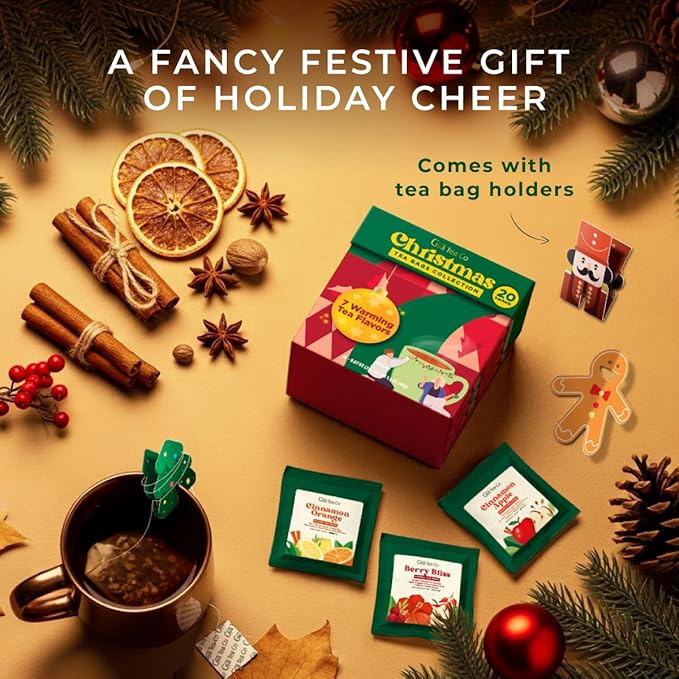 Gya Tea Co Christmas Assorted Tea Bags Variety Pack - 20 Bags 7 Seasonal Flavors - Caffeinated & Caffeine Free Holiday Tea Sampler Gift Set Box - Easy Brew, Natural Ingredients, Enjoy Hot or Iced