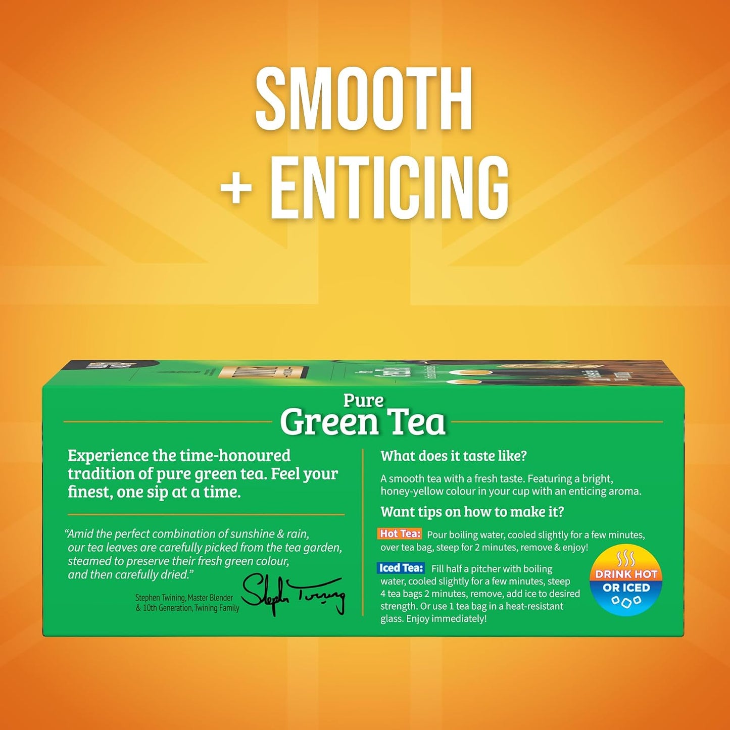 Twinings Pure Green Tea, Caffeinated, Tea Bags, 100 CT Box (1 Pack) | Pure, Smooth, Fresh &amp; Aromatic Green Tea, Naturally Caffeinated, 100 Foil Lined Individually Wrapped Bags, Enjoy Hot or Iced