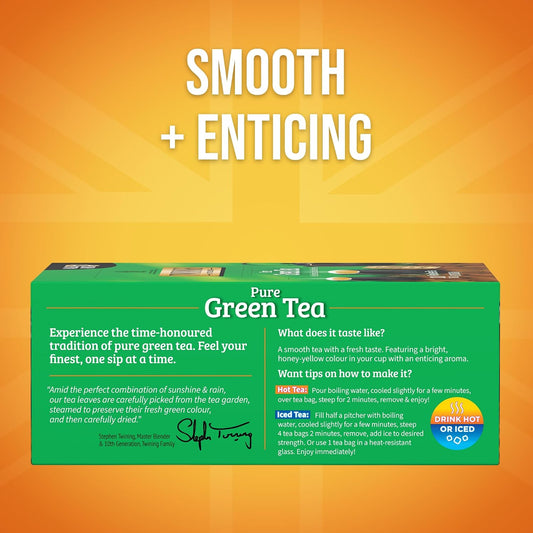 Twinings Pure Green Tea, Caffeinated, Tea Bags, 100 CT Box (1 Pack) | Pure, Smooth, Fresh &amp; Aromatic Green Tea, Naturally Caffeinated, 100 Foil Lined Individually Wrapped Bags, Enjoy Hot or Iced