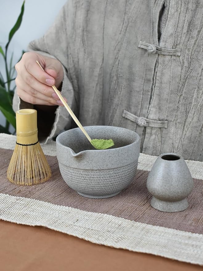 Matcha Tea Set – 4 Piece Traditional Japanese Matcha Kit with Pouring Spout Bowl, Whisk, Holder, Scoop & Guide