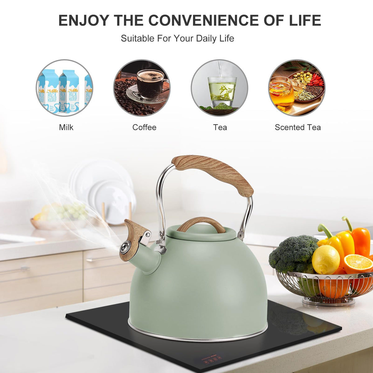 Tea Kettle, Vegoran 100 OZ / 3 Liter Whistling Tea Kettle, Tea Pots for Stove Top Food Grade Stainless Steel with Wood