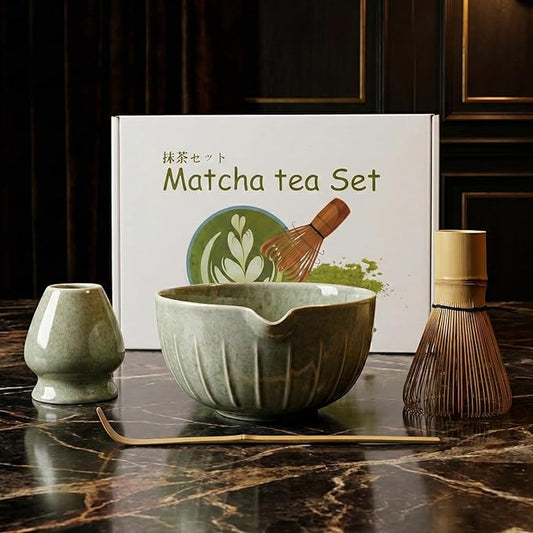 Matcha Tea Set – Japanese Tea Ceremony Set with 17 oz Handcrafted Matcha Bowl, Bamboo Whisk, Holder & Spout – 4 Pcs Gift Set for Matcha Lovers