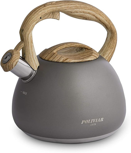 POLIVIAR Tea Kettle, Iron Grey Tea Pot Stovetop, 2.7 Quart Loud Whistling Coffee and Teapot, Food Grade Stainless Steel for Anti-Hot Handle and No-Rust, Suitable for All Heat Sources (JX2020-QB30)