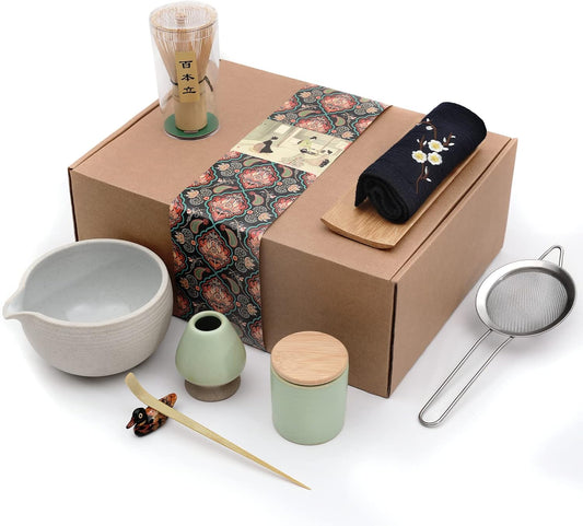 Artcome Japanese Matcha Tea Set, Bowl with Pouring Spout, Whisk, Tea Scoop, Ceramic Whisk Holder, Matcha Powder Caddy, Handmade Matcha Ceremony Kit For Japanese Tea Ceremony (9Pcs)