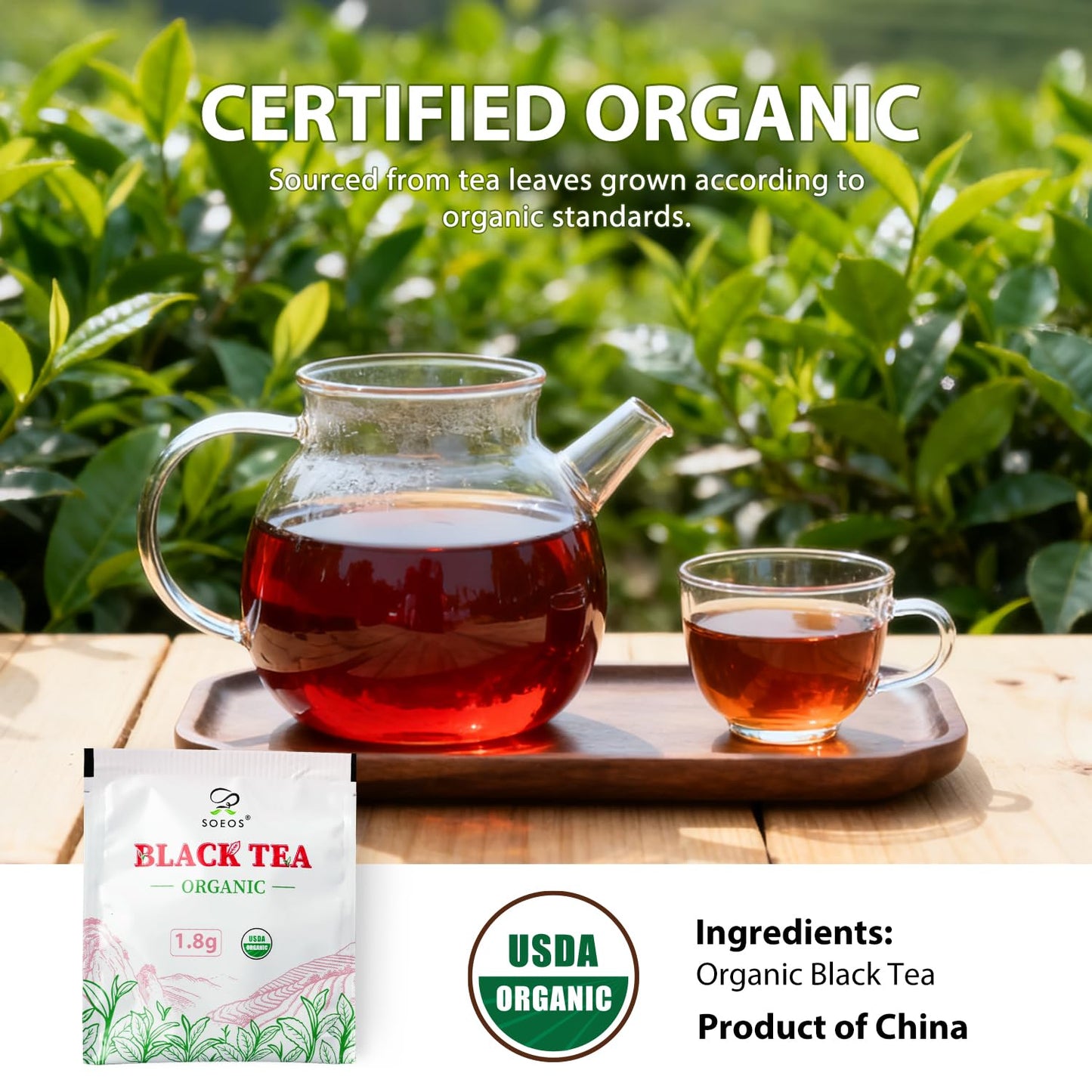 Soeos Organic Black Tea Bags, 6.3oz (180g) 100 Tea Bags, Bold Aroma & Smooth Flavor, Premium Handpicked Tea Leaves, Perfect for Morning Brew or Afternoon Refreshment