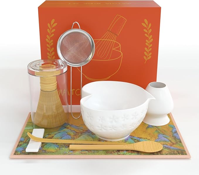 Matcha Whisk Set & Japanese Tea Set – 8PCS Ceramic Kit, Heart-Shaped Bowl with Spout & Bamboo Whisk (Ivory White)