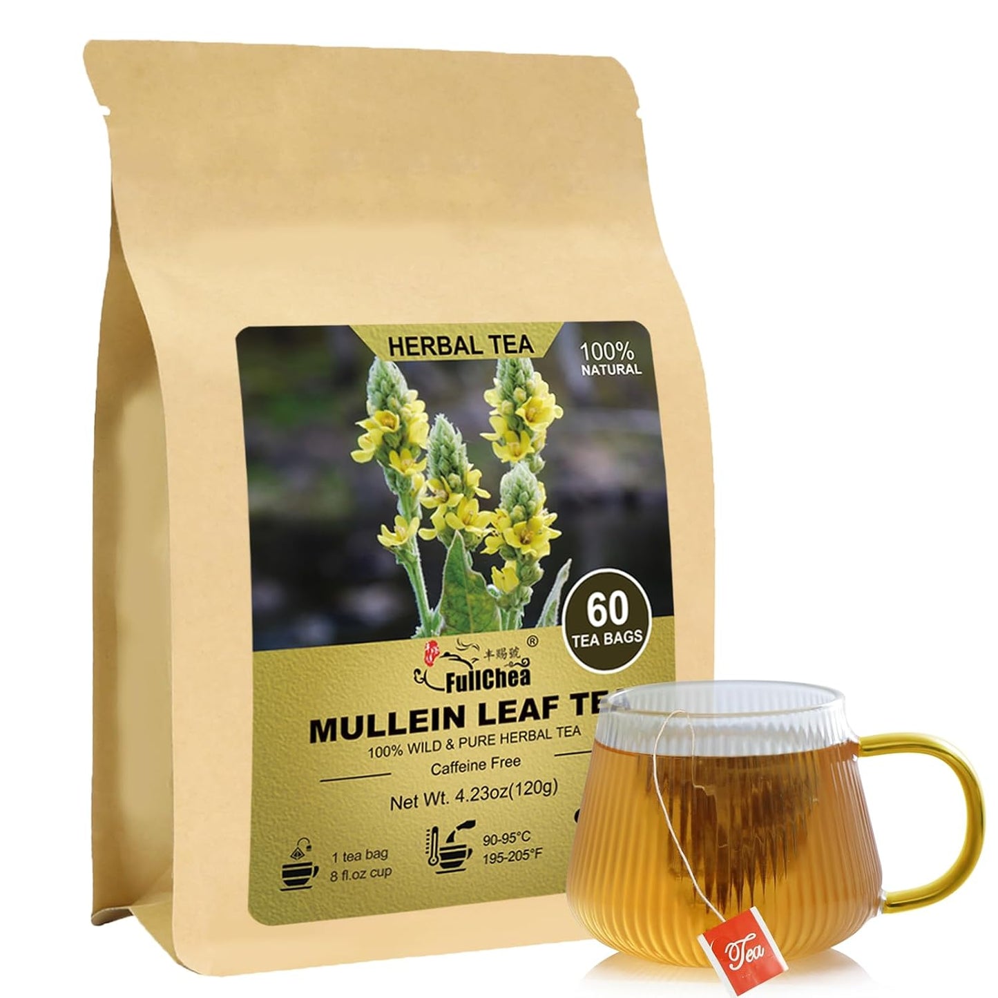 FullChea Mullein Leaf Tea Bags, 2g X 60 Count, Big &amp; Resealable Pack