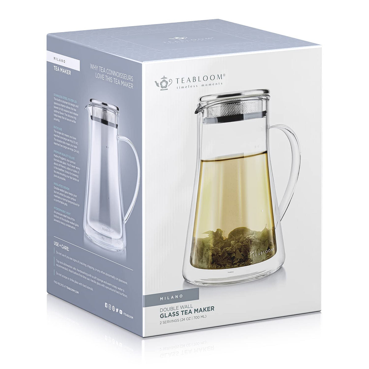 Teabloom Insulated Teapot Keeps Tea Hot – Tea Maker For Two (24 oz) – Double Wall Heatproof Glass Tea Steeper with Stainless