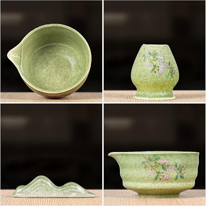 7-Piece Matcha Set with Ceramic Matcha Bowl, Bamboo Whisk (Chasen) & Holder, Sifter, Tea Scoop & Rest, Special Bamboo Tea Mat