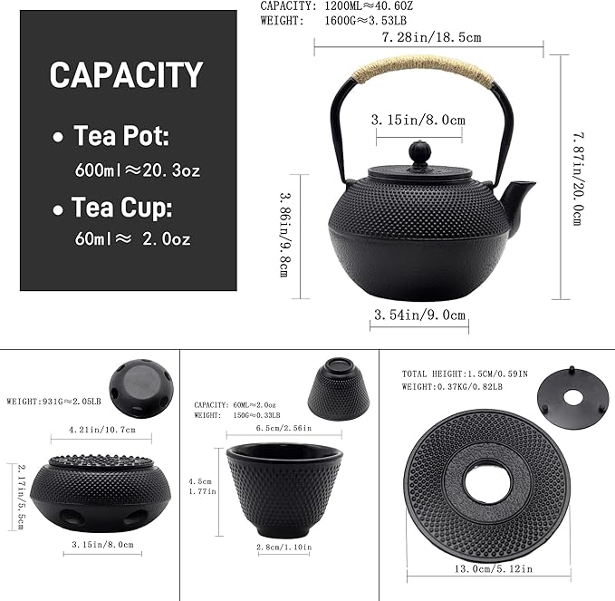 YJX 40.6oz Cast Iron Teapot Set with Warmer, Japanese Tea Set for Stovetop, 1200ml Black Tea Pot and Tea Cups Set