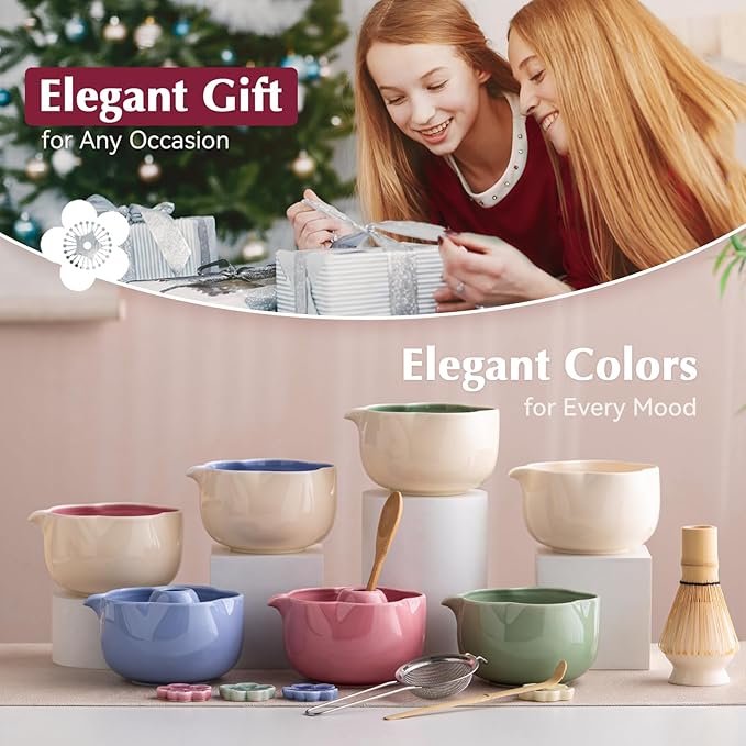 Matcha Set, 8Pcs Floral Ceramic Matcha Set with Matcha Whisk, Holder, Scoop, Scoop Rest, Sifter, Spoon and Tea Towel - Thoughtful Matcha Whisk Set Gift for Matcha Lovers (Beige & Pink)