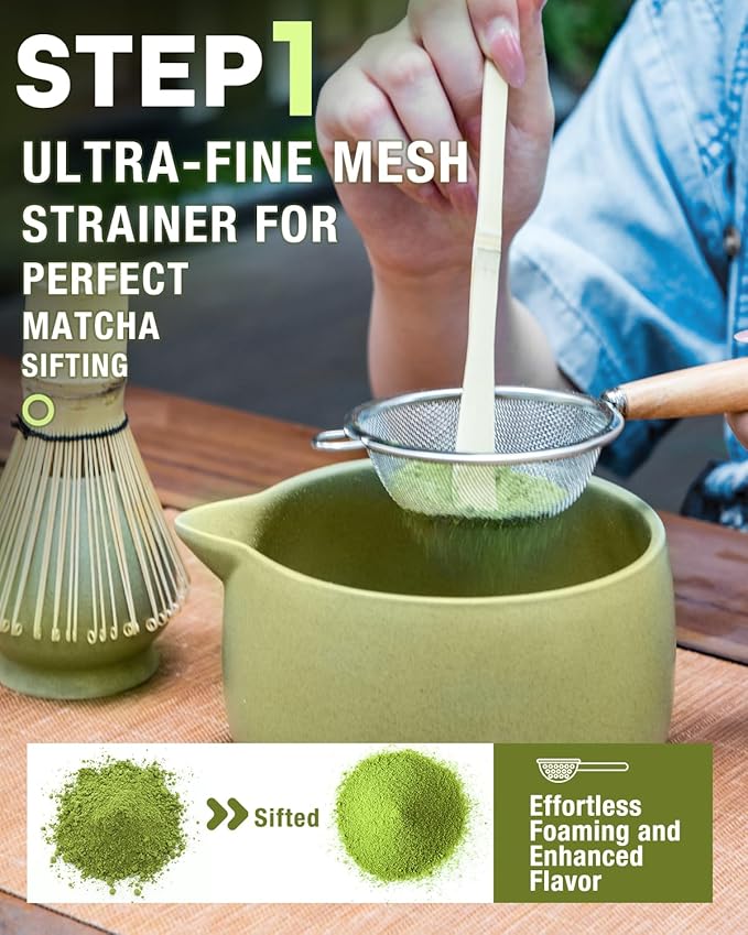20OZ Matcha Whisk Set - 5PCS Japanese Tea Set Includes Matcha Bowl with Spout, Bamboo Whisk with Ceramic Holder, Bamboo Scoop and Sifter