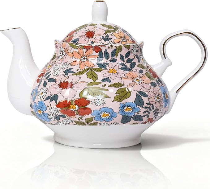 33.8 oz Porcelain Tea Pot Luxury Gold Trim Floral Ceramic Teapot Waterpot Tea Maker for Blooming Loo