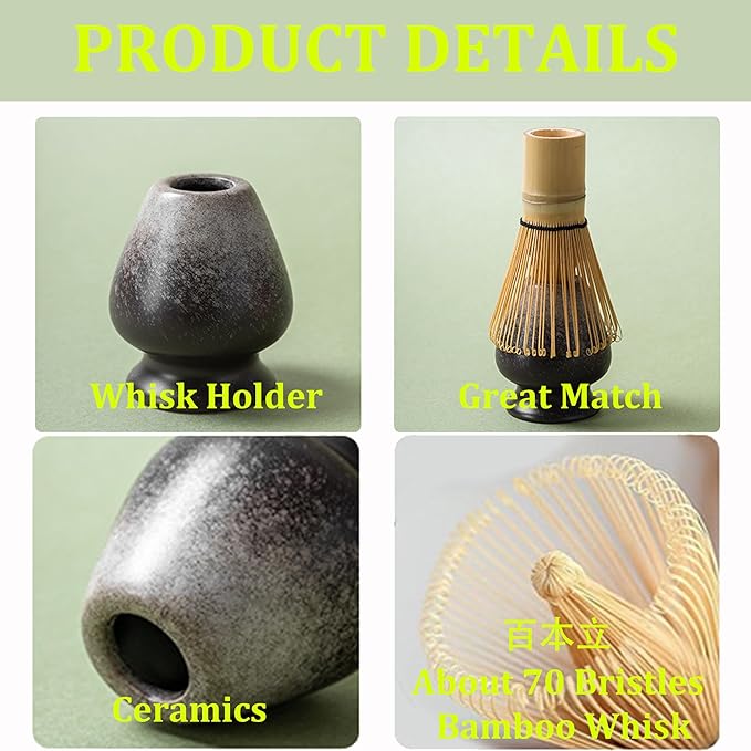 Japanese Matcha Set 7pcs - Ceramic Bowl & Hyaku Hon Tachi Bamboo Whisk (Chasen), Chashaku Spoon, Strainer, Cloth - Traditional Tea Ceremony Kit